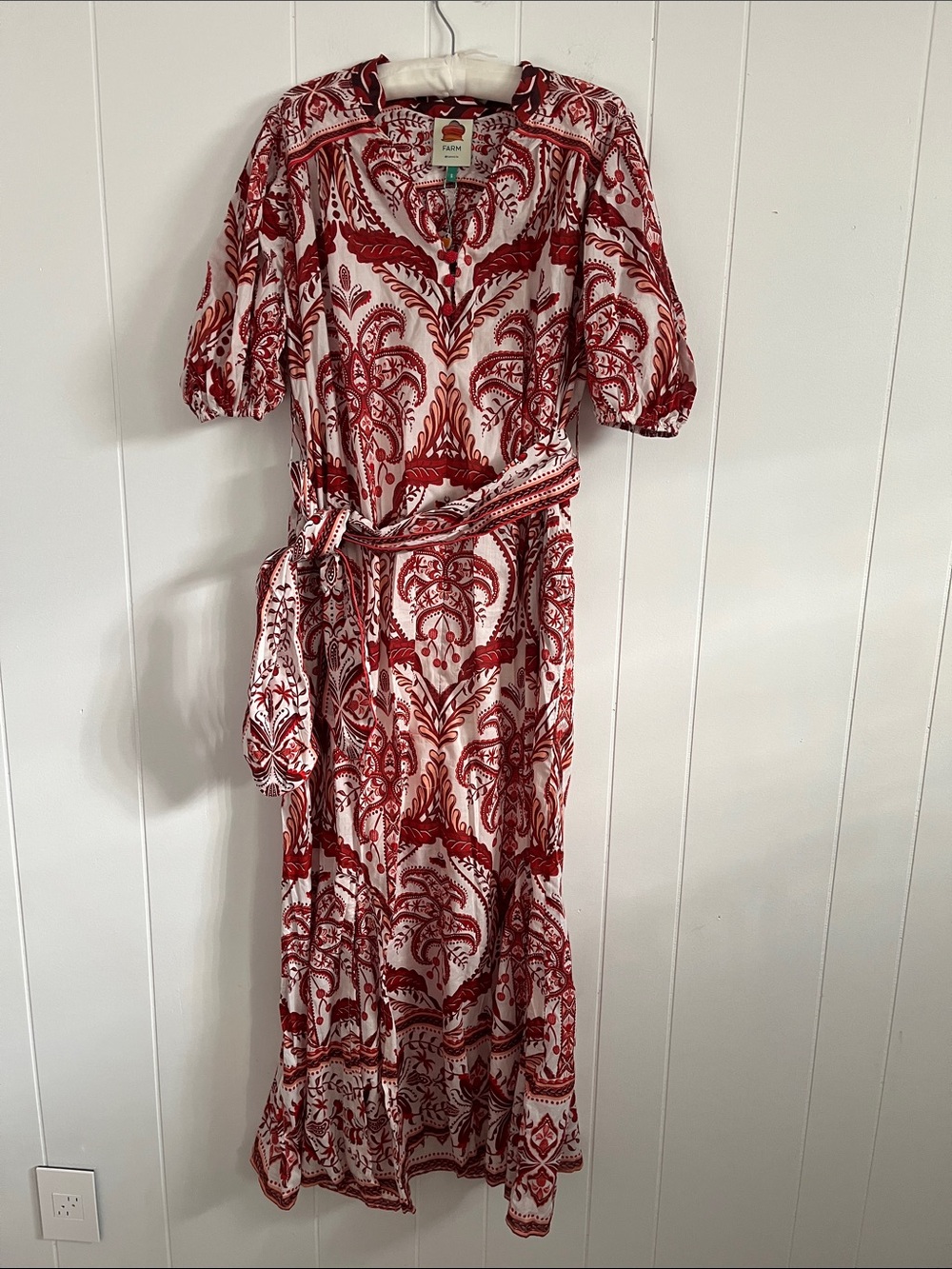 FARM Rio White Maxi Dress with Red Paisley Print and Tie Waist